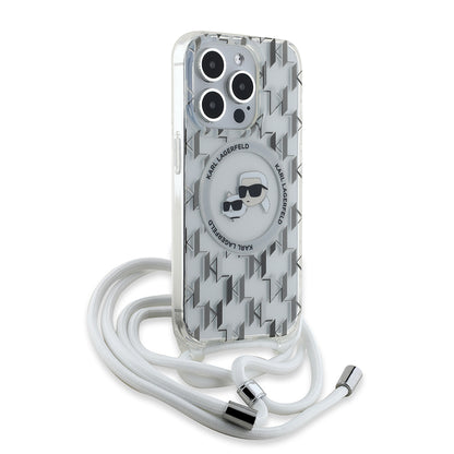 Étui MagSafe pour Apple iPhone 15 Pro Max, Karl Lagerfeld, IML Crossbody Monogram Karl & Choupette's Heads, Transparent