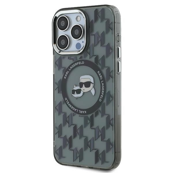 Coque MagSafe pour Apple iPhone 15 Pro Max, Karl Lagerfeld, IML Monogramme Karl & Choupette's Heads, Noire
