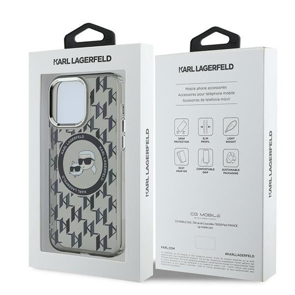 Coque MagSafe pour Apple iPhone 15 Pro Max, Karl Lagerfeld, IML Monogramme Karl & Choupette's Heads, Noire