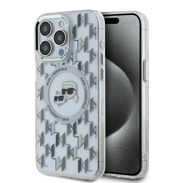 Coque MagSafe pour Apple iPhone 15 Pro Max, Karl Lagerfeld, IML Monogramme Karl & Choupette's Heads, Transparente
