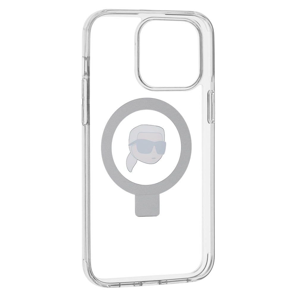 Coque MagSafe pour Apple iPhone 15 Pro Max, Karl Lagerfeld, Ring Stand Karl's Head, Blanche