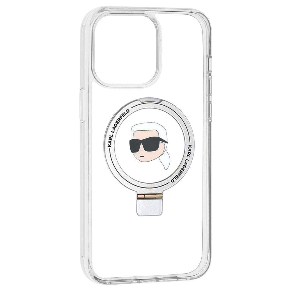 Coque MagSafe pour Apple iPhone 15 Pro Max, Karl Lagerfeld, Ring Stand Karl's Head, Blanche