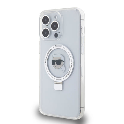 Coque MagSafe pour Apple iPhone 15 Pro Max, Karl Lagerfeld, Ring Stand Karl's Head, Blanche