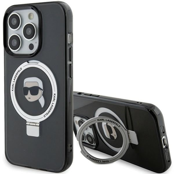 Coque MagSafe pour Apple iPhone 15 Pro Max, Karl Lagerfeld, Ring Stand Karl's Head, Noire