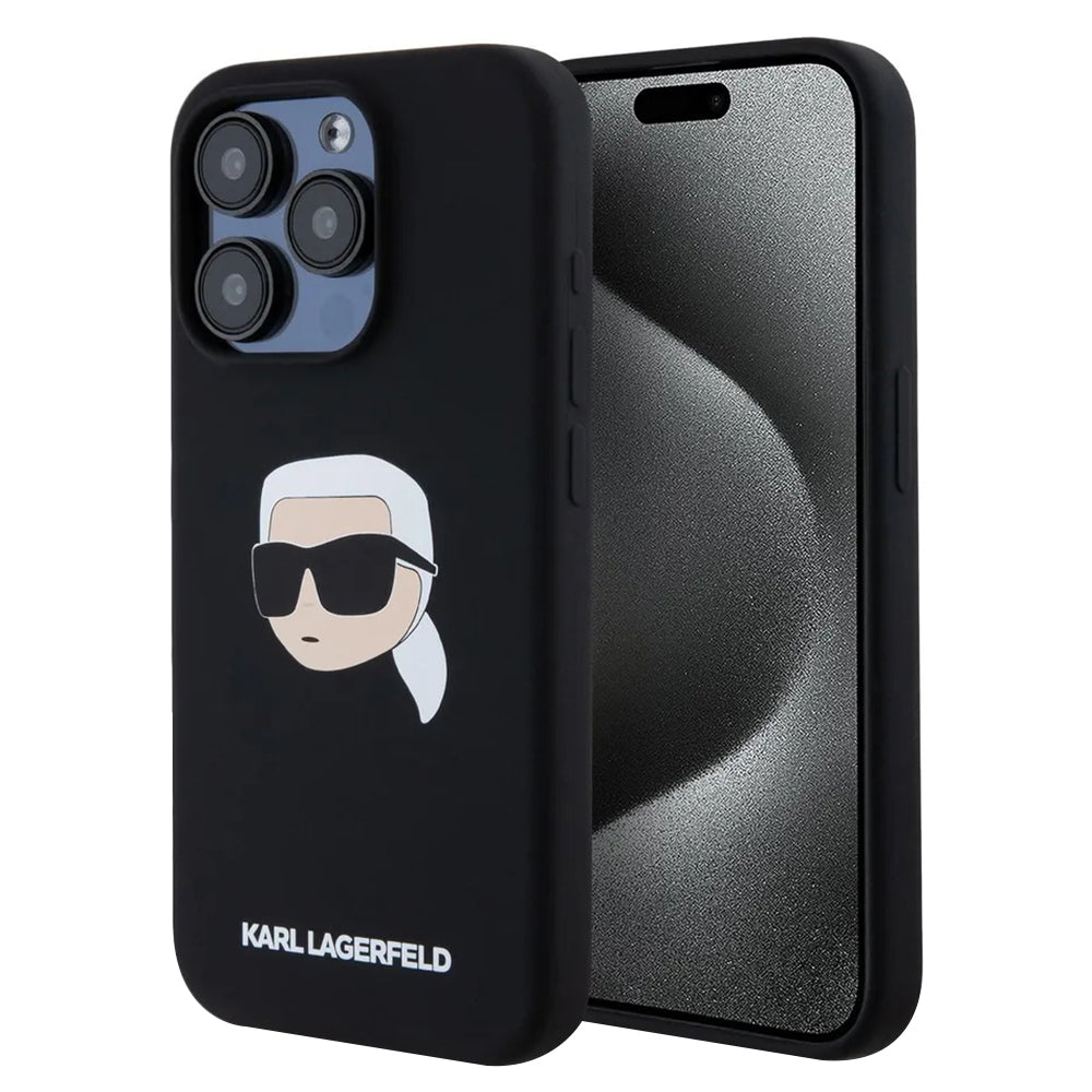 Coque MagSafe pour Apple iPhone 15 Pro Max, Karl Lagerfeld, Silicone Tête de Karl, Noire