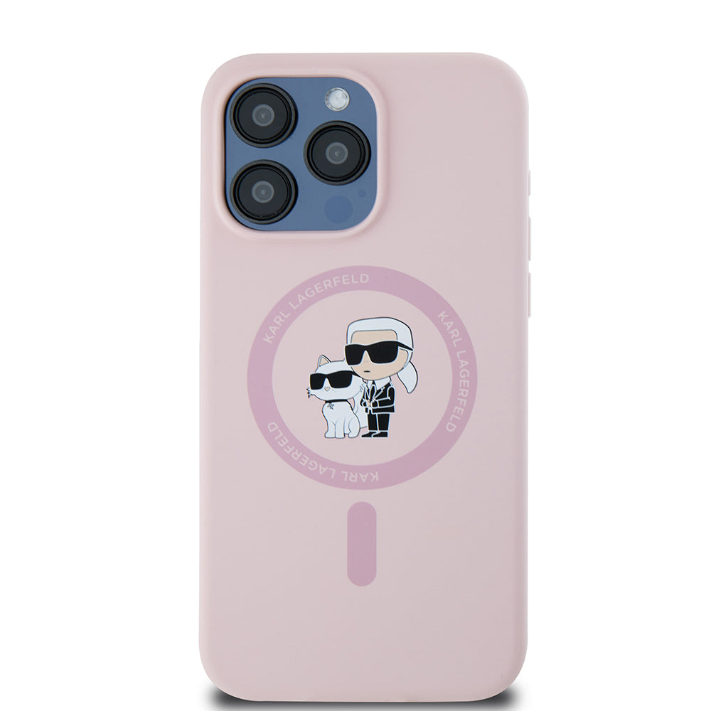 Coque MagSafe pour Apple iPhone 15 Pro Max, Karl Lagerfeld, Anneau en Silicone Karl & Choupette, Rose