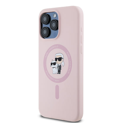 Coque MagSafe pour Apple iPhone 15 Pro Max, Karl Lagerfeld, Anneau en Silicone Karl & Choupette, Rose