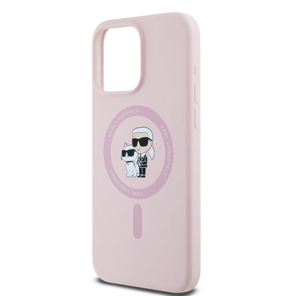 Coque MagSafe pour Apple iPhone 15 Pro Max, Karl Lagerfeld, Anneau en Silicone Karl & Choupette, Rose