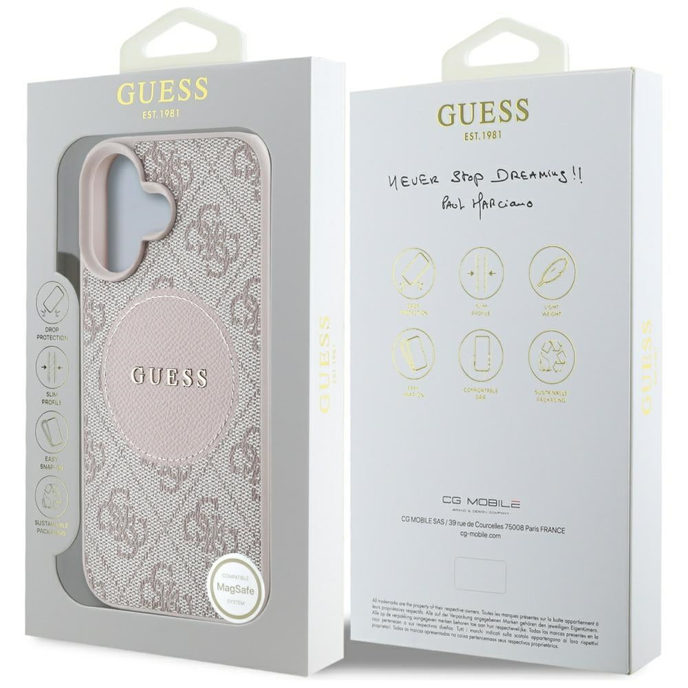 Étui MagSafe pour Apple iPhone 16, Guess, 4G Circle Classic Logo, Rose