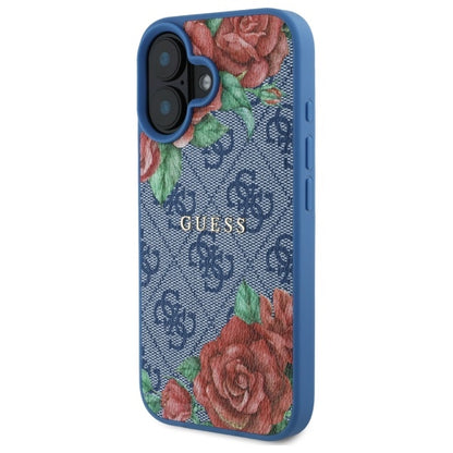 Coque MagSafe pour Apple iPhone 16, Guess, Imprimé Fleurs 4G, Bleue