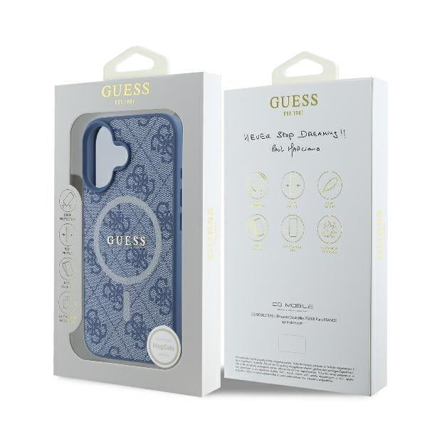 Coque MagSafe pour Apple iPhone 16, Guess, 4G Ring Classic Logo, Bleue