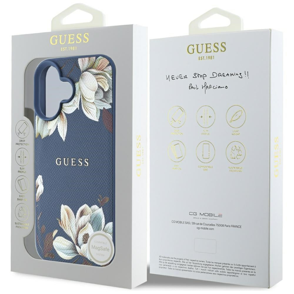 MagSafe Case for Apple iPhone 16, Guess, Grained Flowers, Blue