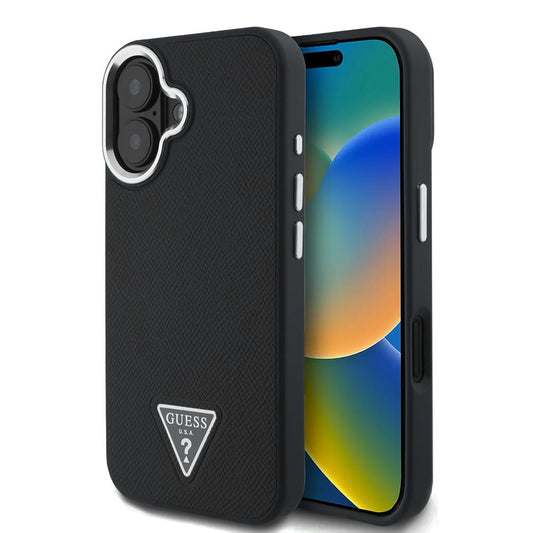Coque MagSafe pour Apple iPhone 16, Guess, Logo Triangle Grainé, Noir