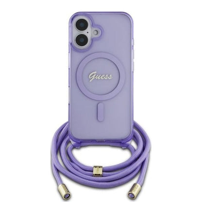 MagSafe Hülle für Apple iPhone 16, Guess, IML Crossbody Cord Script, Lila