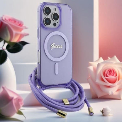 Étui MagSafe pour Apple iPhone 16, Guess, IML Crossbody Cord Script, Rose