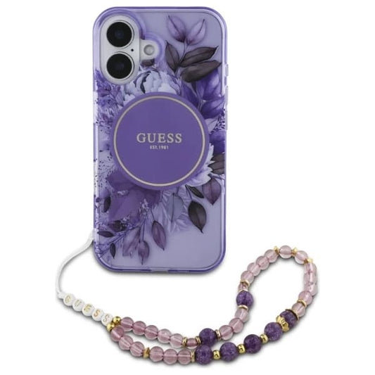 Coque MagSafe pour Apple iPhone 16, Guess, IML Flowers with Pearl Strap, Mauve