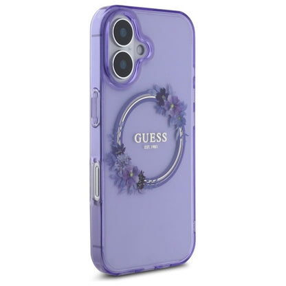 Étui MagSafe pour Apple iPhone 16, Guess, IML Couronne de Fleurs, Mauve