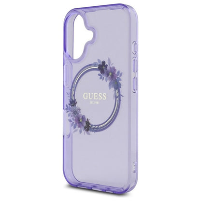 Étui MagSafe pour Apple iPhone 16, Guess, IML Couronne de Fleurs, Mauve
