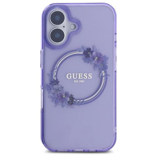 Étui MagSafe pour Apple iPhone 16, Guess, IML Couronne de Fleurs, Rose