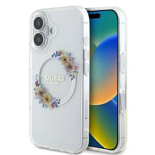 Coque MagSafe pour Apple iPhone 16, Guess, IML Couronne de Fleurs, Transparente