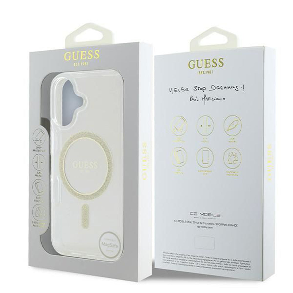 MagSafe Case for Apple iPhone 16, Guess, IML Glitter Circle, Transparent