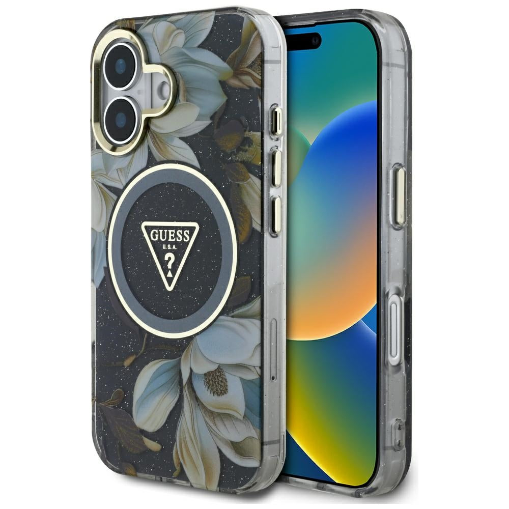 MagSafe Hülle für Apple iPhone 16, Guess, IML Metal Glitter Flowers Triangle, Schwarz