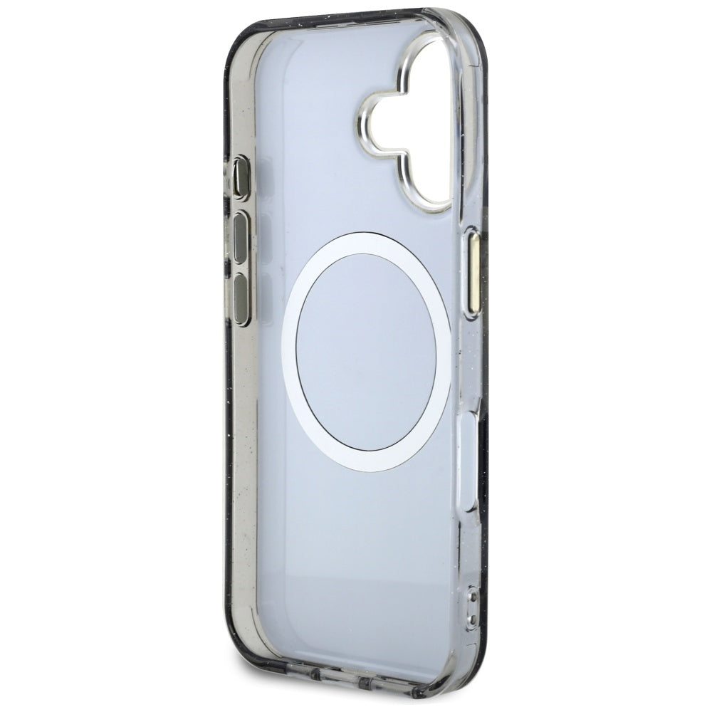 MagSafe Hülle für Apple iPhone 16, Guess, IML Metal Glitter Flowers Triangle, Schwarz