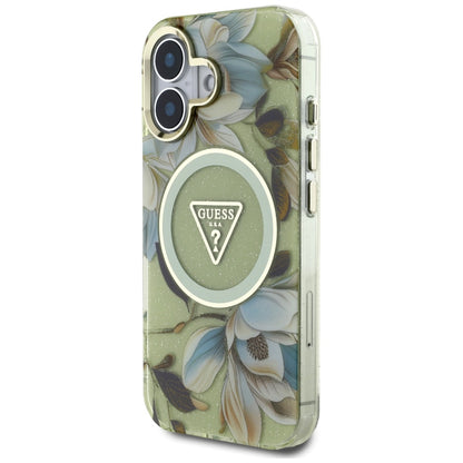 Coque MagSafe pour Apple iPhone 16, Guess, IML Metal Glitter Flowers Triangle, Vert