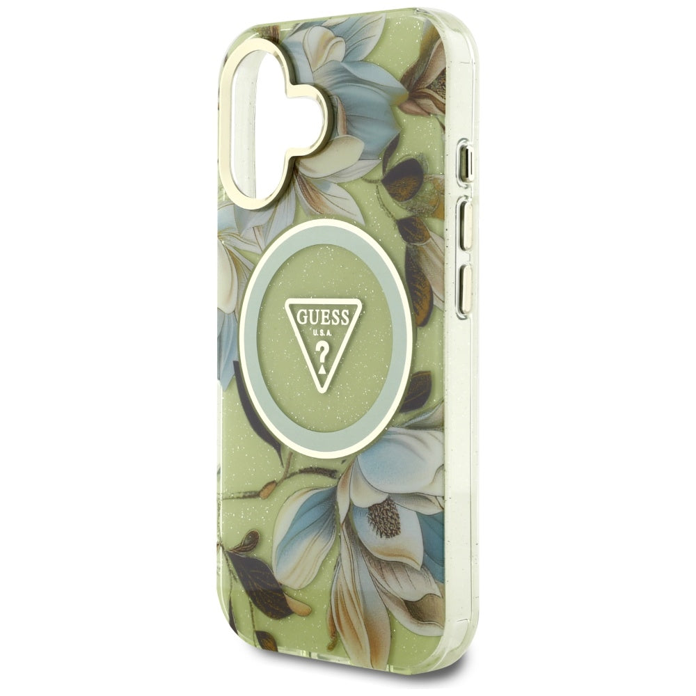 Coque MagSafe pour Apple iPhone 16, Guess, IML Metal Glitter Flowers Triangle, Vert