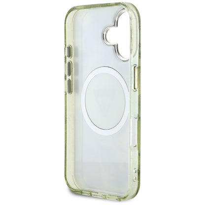 Coque MagSafe pour Apple iPhone 16, Guess, IML Metal Glitter Flowers Triangle, Vert