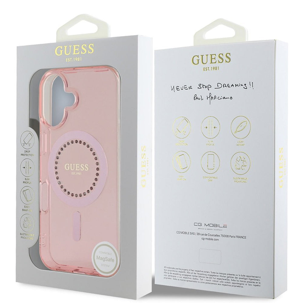MagSafe Hülle für Apple iPhone 16, Guess, IML Rhinestones Ring, Rosa GUHMP16SPFTDTEP