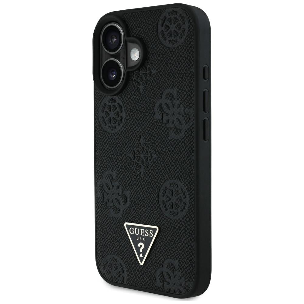 MagSafe Case for Apple iPhone 16, Guess, Peony Grained Hot Stamp Triangle, Black