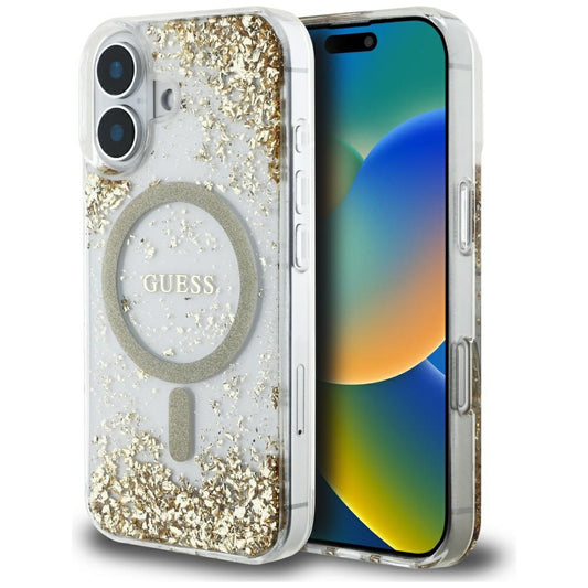 Coque MagSafe pour Apple iPhone 16, Guess, Resin Bottom Glitter, Dorée