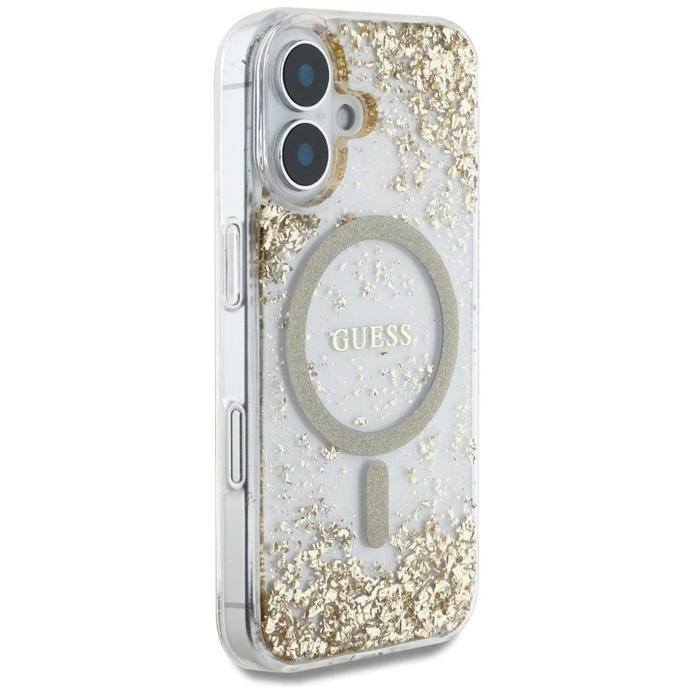 MagSafe Case for Apple iPhone 16, Guess, Resin Bottom Glitter, Gold
