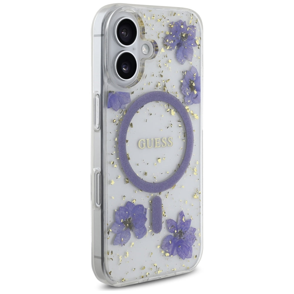 Coque MagSafe pour Apple iPhone 16, Guess, Fleurs en Résine et Paillettes, Mauve