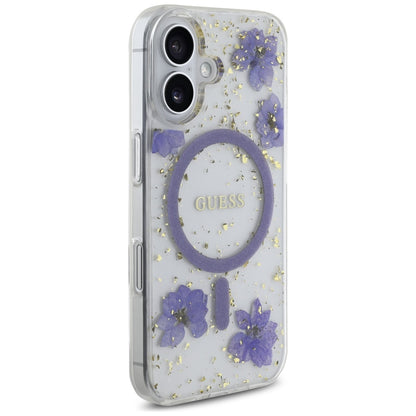 Coque MagSafe pour Apple iPhone 16, Guess, Fleurs en Résine et Paillettes, Mauve