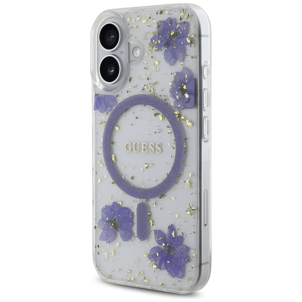 Coque MagSafe pour Apple iPhone 16, Guess, Fleurs en Résine et Paillettes, Mauve