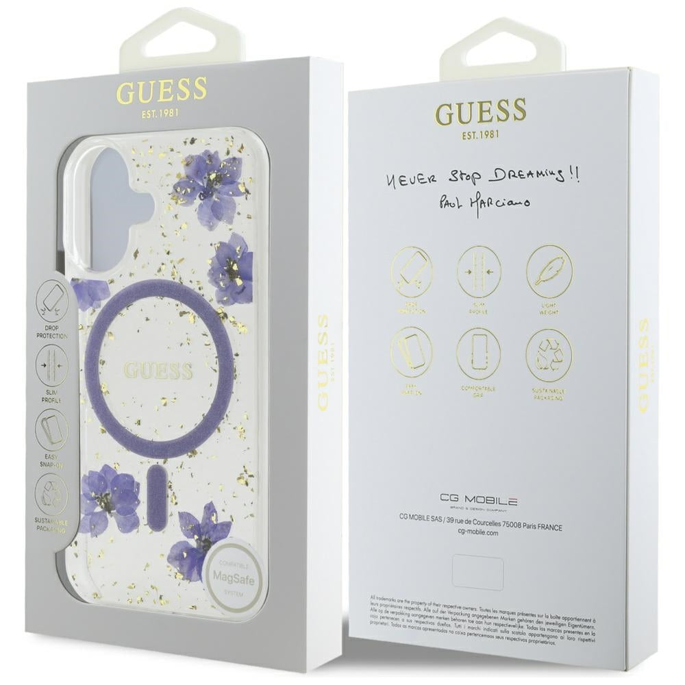 Coque MagSafe pour Apple iPhone 16, Guess, Fleurs en Résine et Paillettes, Mauve