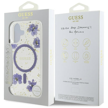 Coque MagSafe pour Apple iPhone 16, Guess, Fleurs en Résine et Paillettes, Mauve
