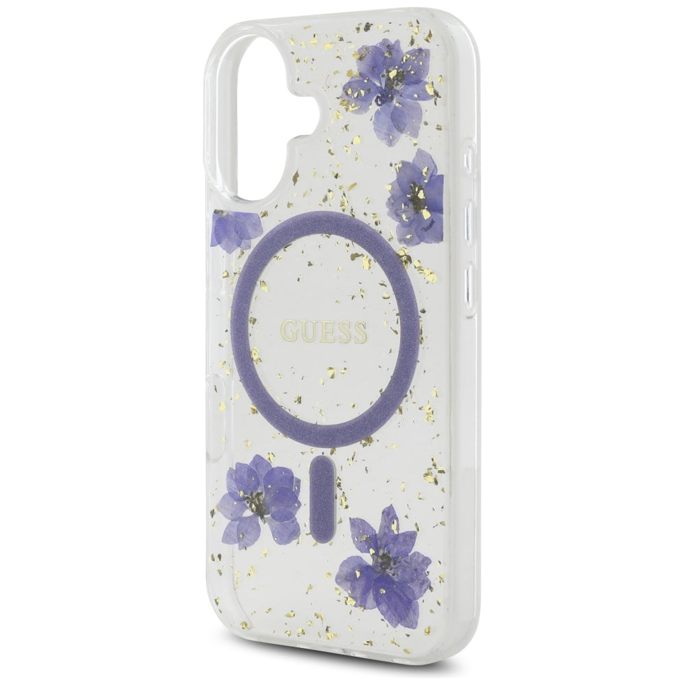 Coque MagSafe pour Apple iPhone 16, Guess, Fleurs en Résine et Paillettes, Mauve