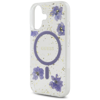 Coque MagSafe pour Apple iPhone 16, Guess, Fleurs en Résine et Paillettes, Mauve