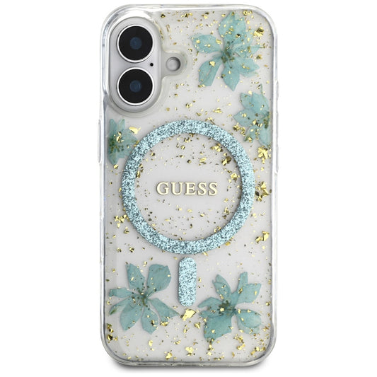 Coque MagSafe pour Apple iPhone 16, Guess, Fleurs en Résine et Paillettes, Turquoise