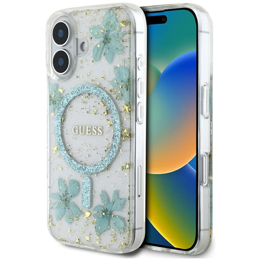 Coque MagSafe pour Apple iPhone 16, Guess, Fleurs en Résine et Paillettes, Turquoise