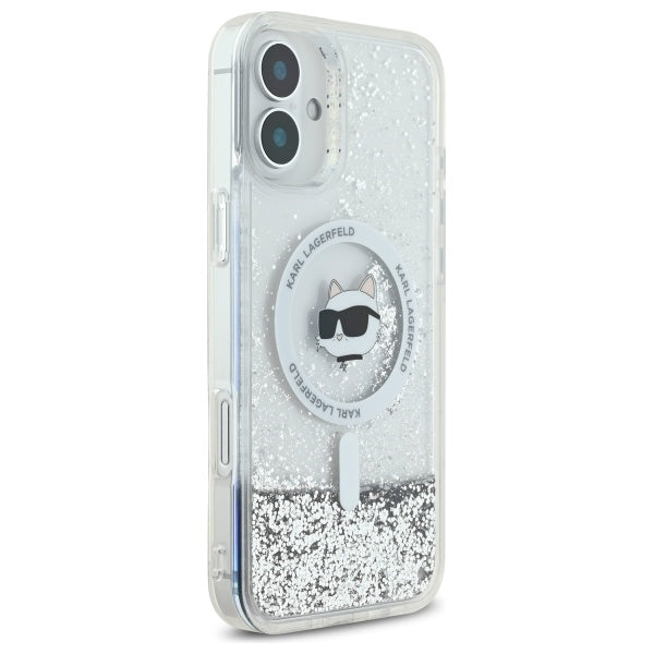 Coque MagSafe pour Apple iPhone 16, Karl Lagerfeld, Glitter Liquid Choupette Head, Transparente