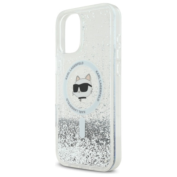 Coque MagSafe pour Apple iPhone 16, Karl Lagerfeld, Glitter Liquid Choupette Head, Transparente