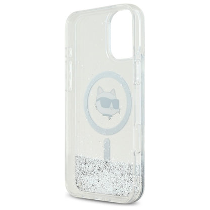 Coque MagSafe pour Apple iPhone 16, Karl Lagerfeld, Glitter Liquid Choupette Head, Transparente