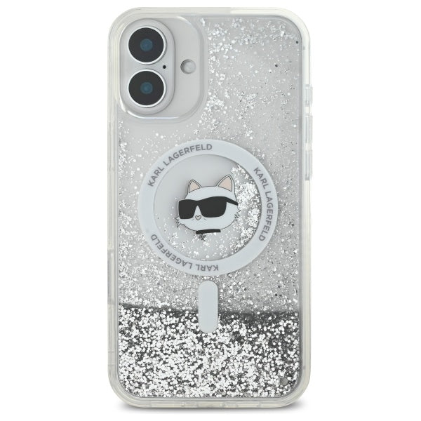 Coque MagSafe pour Apple iPhone 16, Karl Lagerfeld, Glitter Liquid Choupette Head, Transparente