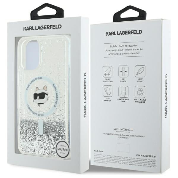 Coque MagSafe pour Apple iPhone 16, Karl Lagerfeld, Glitter Liquid Choupette Head, Transparente