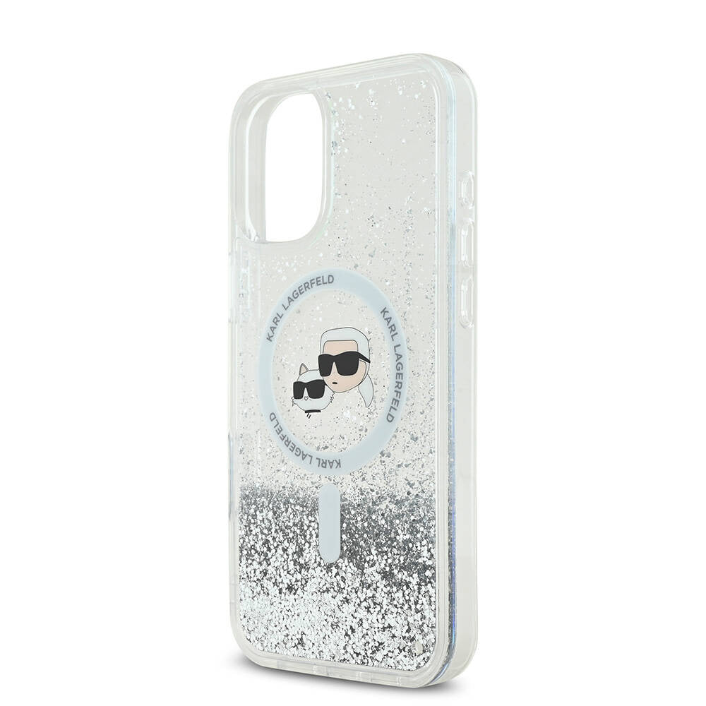 Coque MagSafe pour Apple iPhone 16, Karl Lagerfeld, Glitter Liquid Karl & Choupette's Heads, Transparente