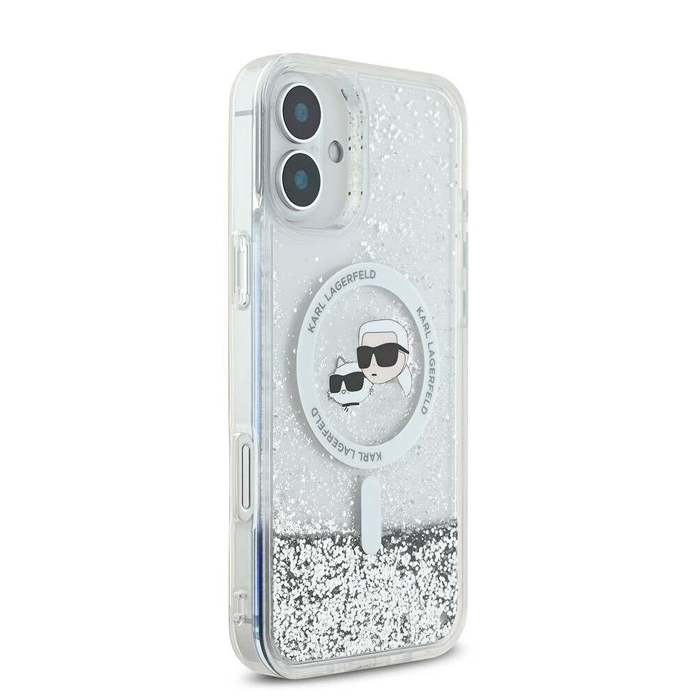 Coque MagSafe pour Apple iPhone 16, Karl Lagerfeld, Glitter Liquid Karl & Choupette's Heads, Transparente
